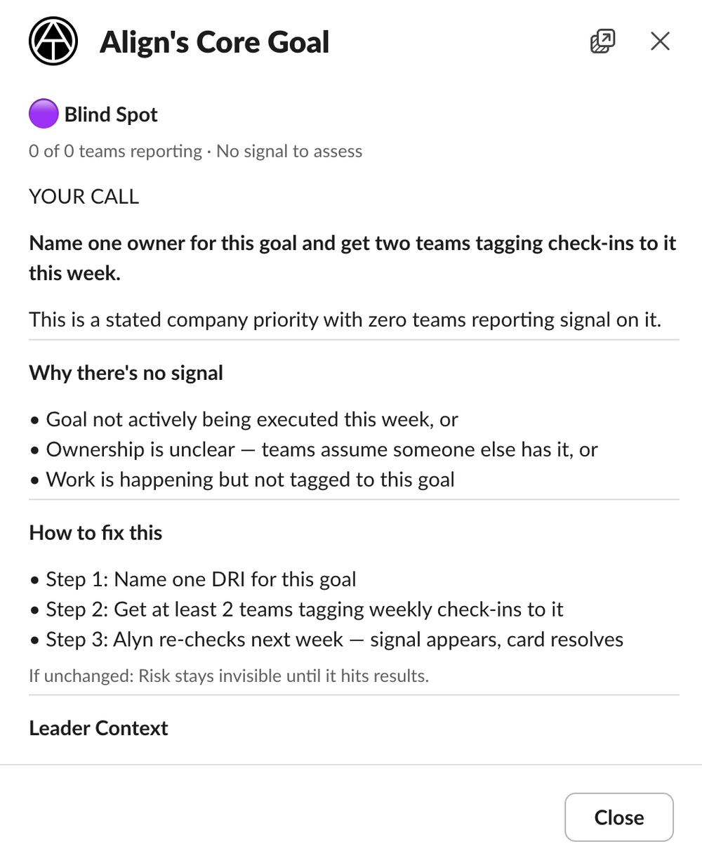 Alyn Blind Spot briefing with a Your call prompt